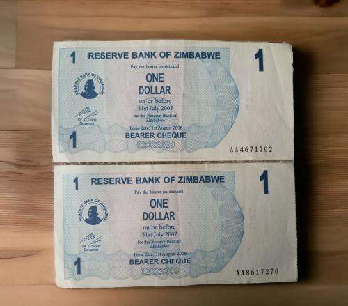 Africa Rare Collectors Zimbabwe One Dollar Bearer Cheques For