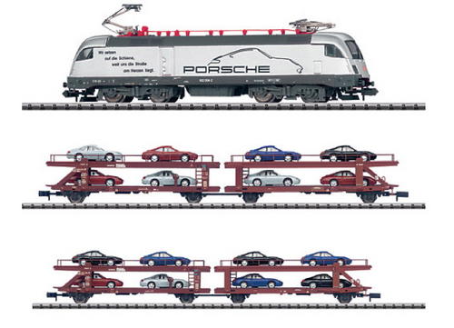 Trix - Minitrix - N Scale - 12356, 15356 and 15357 - Porsche Electric Loco  and 2 Autotransport Cars