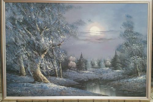 MASSIVE FRAMED ORIGINAL PAINTING ON CANVAS BOARD MOONLIGHT SCENE SIGNED BY W. NORWOOD