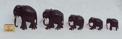 Wooden - RARE~ANTIQUE EBONY AND IVORY ELEPHANT FAMILY~5 ELLIES PERFECT