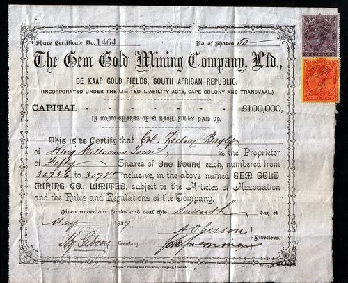 Other South African - ORIGINAL SHARE CERTIFICATE 1889 - Gem Gold Mining ...