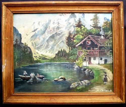 Oils - ORIGINAL VINTAGE OIL PAINTING. Swiss Alps Scene by artist De