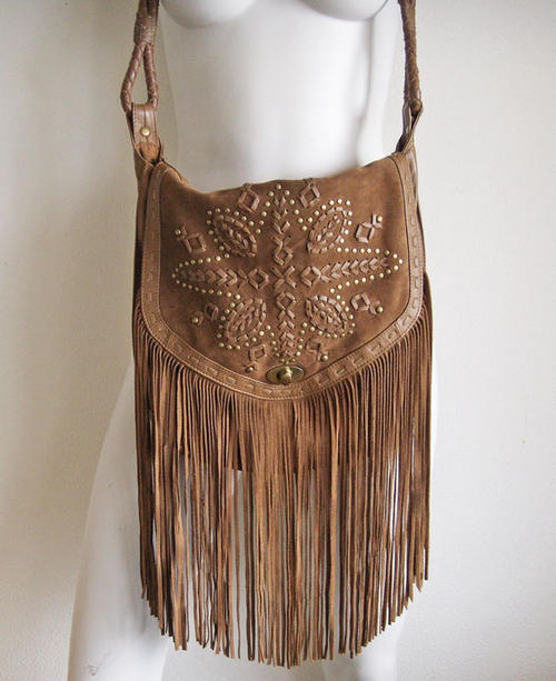 ALDO Genuine Brown Suede Leather Fringe Studded Bag boho slouch great details New without tags