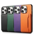 For iPhone 15 Calf Texture Card Bag Design Full Coverage Phone Case(Purple)