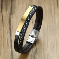 Leather Weave Bracelet with Stainless Steel Bangle - Gold