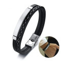 Leather Weave Bracelet with Stainless Steel Bangle - Silver