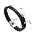 Leather Weave Bracelet with Stainless Steel Bangle - Silver