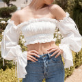 Fashion chiffon side trumpet sleeve off-shoulder cropped top