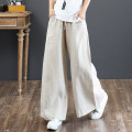 Cotton and linen women's wide leg high waisted trousers