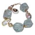 Freshwater Biwa pearl w aqua glass bracelet, gold base