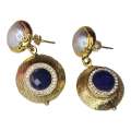 Freshwater pearl & Lapis Lazuli w CZ earrings, gold base, 45mm