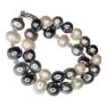 Shell pearl necklace, oval, white, charcoal, silver, 45cm