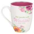 She Speaks With Wisdom Ceramic Mug With Pink Interior - Proverbs 31:26