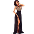 Amazing Gold Lace Overlay Slit Maxi Evening Gown - S / Black