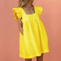 Butterfly Sleeve Square Neck Mini Dress - YELLOW / S