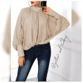 Turtleneck Lantern Sleeve Blouse - KHAKI / S