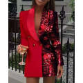 Sequined Patchwork Long Blazer - RED / XL