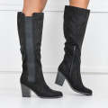 Black suede side-elastic knee high block heel boot vivian