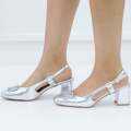 Silver 6cm heel pu sling back with a gold trim olsen