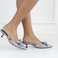 Pewter 4cm low heel bridal sling back with diamante bow I DO