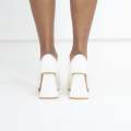 White faux court with gold pointy toe on block heel ruwie