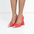 Red Faux court with gold pointy toe on block heel ruwie