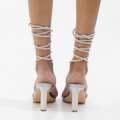 Silver diamante strippy tie up 8.5cm heel sandal leovie