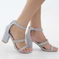 Silver double band ankle strap sandal 8cm block heel shimmer razina