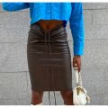 Brown drawstring vegan leather midi skirt siyah