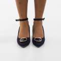 Black 7.5cm block heel ankle strap court with a round trim trip