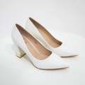 White pat court shoe on 8.5cm block gold trim heel white himani
