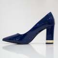 Navy pat court shoe on 8.5cm block gold trim heel himani