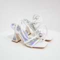 White pu stripy ankle strap sandal on 9.5cm curved heel kuhu