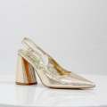 Gold pointy sling back on a 9cm block heel prisha