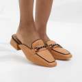 Brown line detailed flat heel slide with trim hakan
