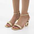 Gold one band ankle strap sandal on 7.5cm double circ heel arunima