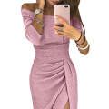 Pink Metallic Glitter Off Shoulder Formal Dress - Pink / (US 12-14)L