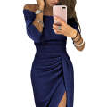 Navy Metallic Glitter Off Shoulder Formal Dress - Dark Blue / (US 12-14)L
