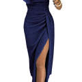 Navy Metallic Glitter Off Shoulder Formal Dress - Dark Blue / (US 12-14)L