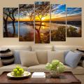 5 Panel Canvas Painting Sunset Lake Tree Unframed - M