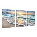 Beach Canvas Wall Art Sunset Sand Ocean 3 Panel - Framed