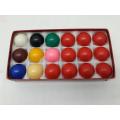 A box of 10 Red snooker game balls including the coloured and black and white ball