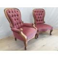 Set 2 - A stylish set of Victorian his and her chairs with deep button detailing and pink fabric!