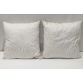 Two beautiful large (46cm x 46cm) white and silver paisley pattern scatter cushions