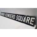 A rare vintage Hendrik Verwoerd Square black & white enamel sign