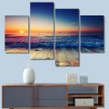 4 Panels Beach Sunset Canvas Printed Paintings Sea Seascape Modern Home Decor (Unframed) - Framed