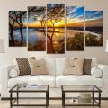 5 Panel Canvas Painting Sunset Lake Tree Seascape Landscape Poster Printing Wall Art Decor Pi... - M