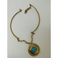 Necklace Brass with Round Turquoise Pendant/Stone