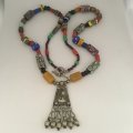 Necklace African Trade Beads: Antique Ethiopian Pendant with Amber and Millefiori