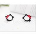 Black Outlined Kitty Red Bow Ear Studs